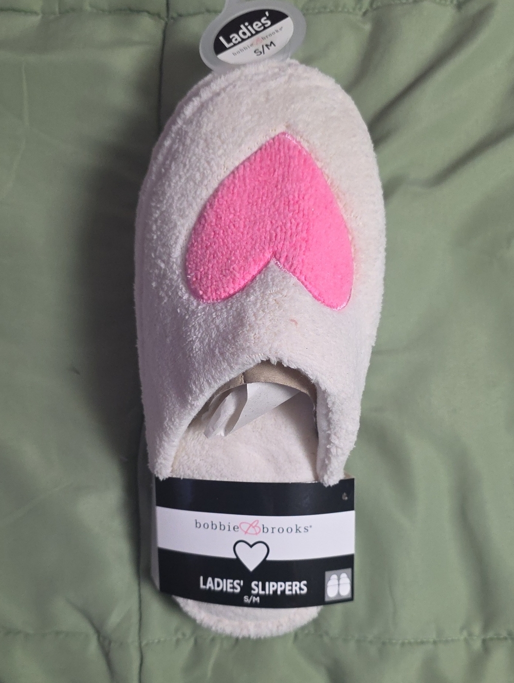 Bobbie Brooks Cream Slippers with Pink Heart Accent